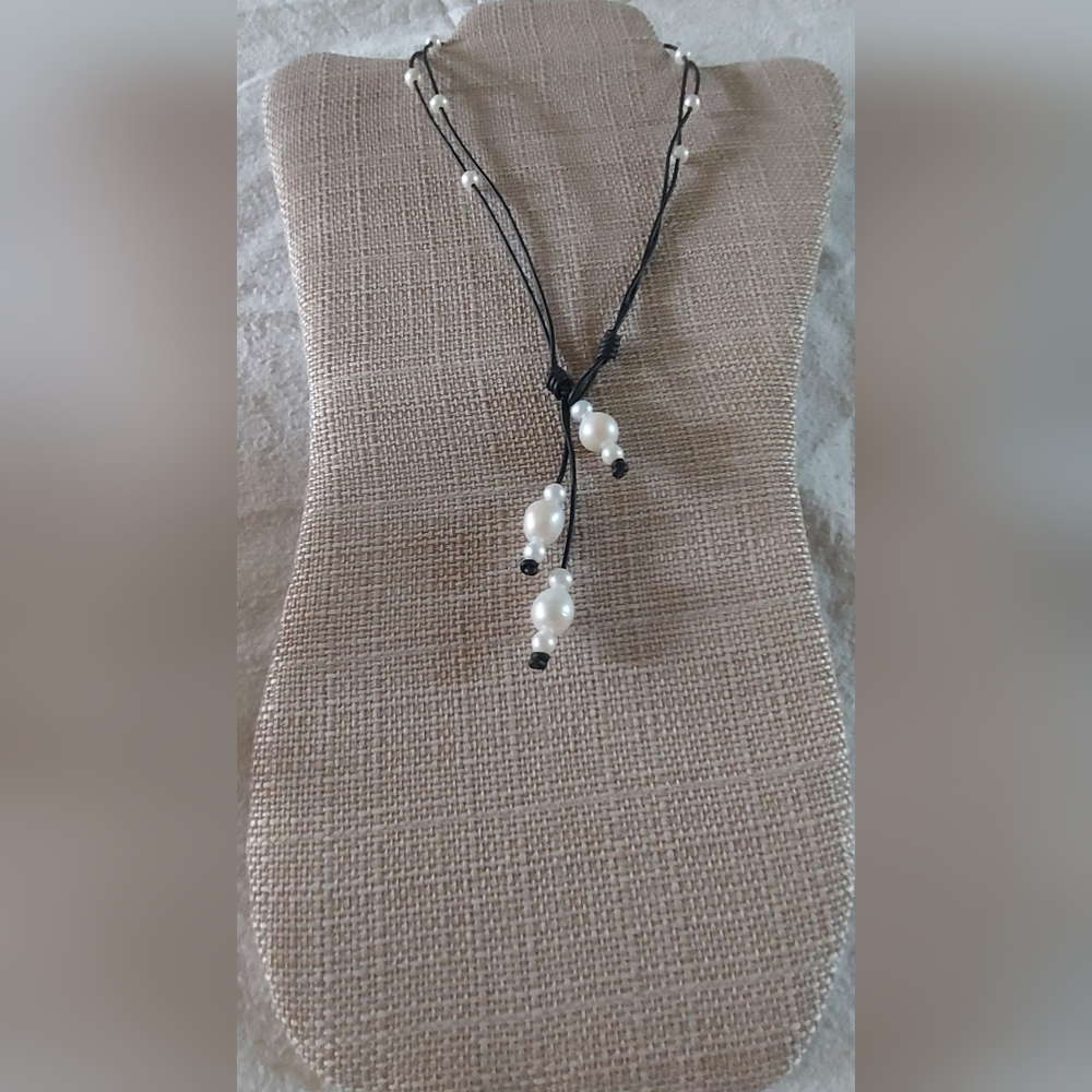 Handmade White Pearl And Black Leather 3-Way Necklace